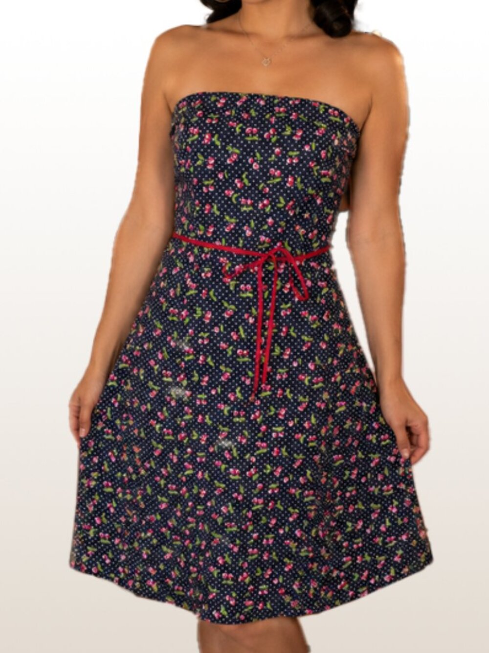 Vintage Y2k Black Dress Strapless Rockabilly Polka Dot Cherry Print